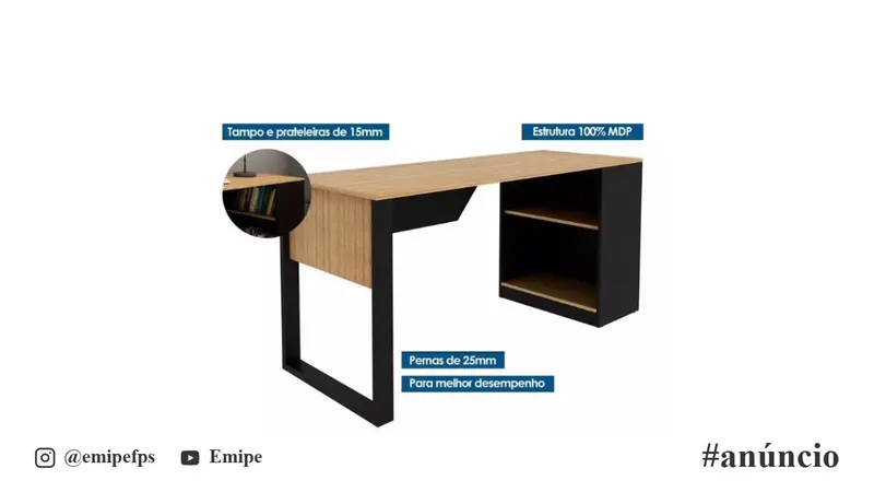 Mesa de Escritório ME4182 160cm Amêndoa/Preto - Tecno Mobili em promoção na Shopee