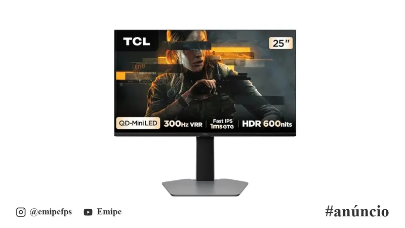 Monitor Gamer 25” Full HD TCL 25G64 QD-Mini LED 300Hz 1ms FreeSync Premium em promoção na Shopee
