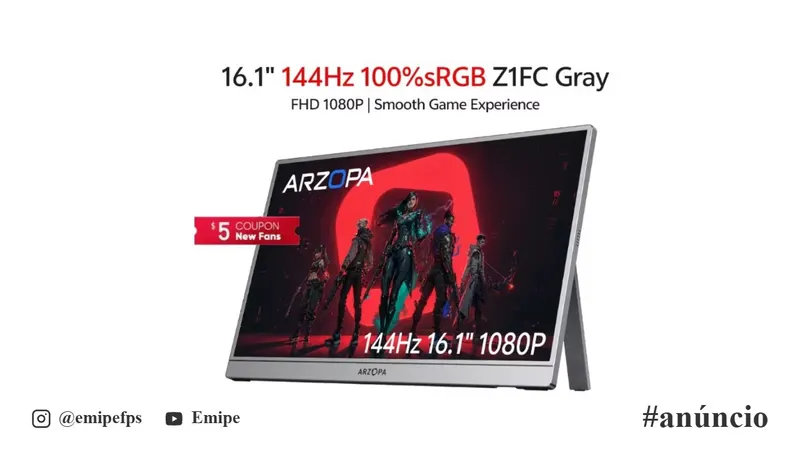 Monitor Portátil Arzopa Z1FC 16,1" Full HD 144Hz IPS 100% sRGB Tipo C Mini HDMI para PS4/5 Steam Deck Switch Xbox PC Mac em promoção na AliExpress