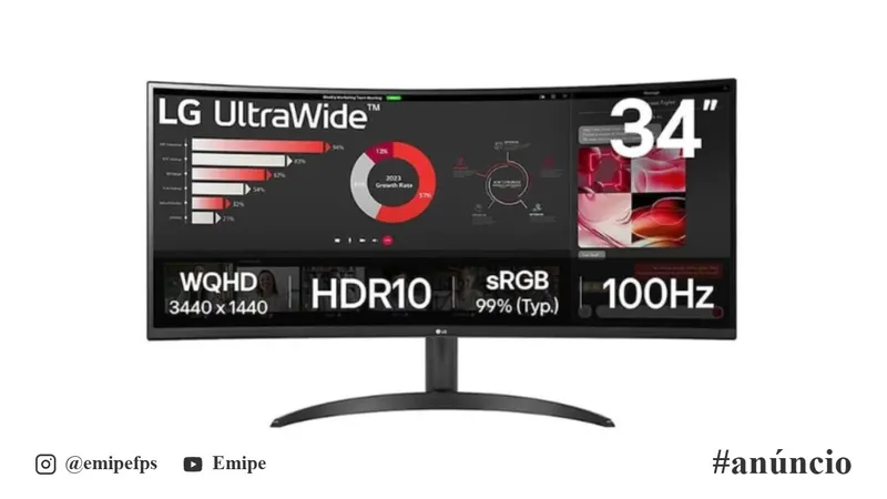 Monitor Curvo LG 34" UltraWide WQHD 34WR50QK-B 100Hz HDR10 em promoção na Shopee