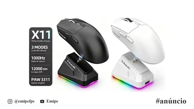 Mouse Sem Fio Kebidumei X11 PAW3311 Tri-Mode 12000 DPI com Tela RGB, Base de Carregamento Magnética e Compatível com Bluetooth, 2.4G e Fio em promoção na AliExpress