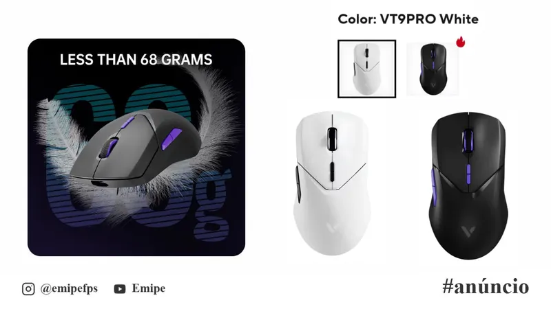 Mouse Gamer Rapoo VT9 Air, Sensor PixArt PAW3398, 59g, Trimode Wireless Bluetooth, 26k DPI, 650 IPS, 800mAh 160h, 8k no USB-C e 4k no Wireless 2.4G em promoção na AliExpress