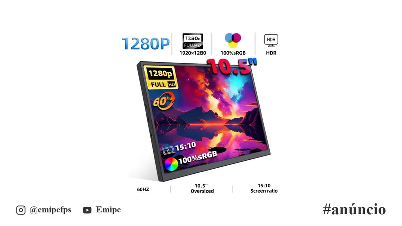 Monitor Portátil ZSUS PM10A 10.5", 1280P, 100% sRGB, 5:10, 60Hz em promoção na AliExpress