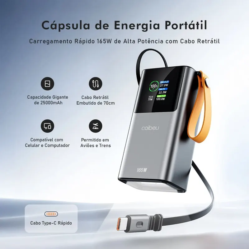 Power Bank Coibeu - 25000mAh, 165W, Carregamento Rápido, Cabo Retrátil Type-C, Lanterna, Display Digital em promoção na AliExpress