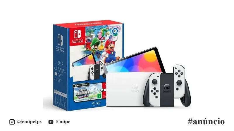 Nintendo Switch OLED Bundle Mario Bros. Wonder + NSO 3 Meses em promoção na Shopee