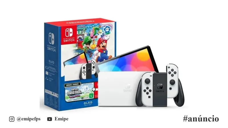 Nintendo Switch OLED Bundle Mario Bros. Wonder + NSO 3 Meses em promoção na Shopee
