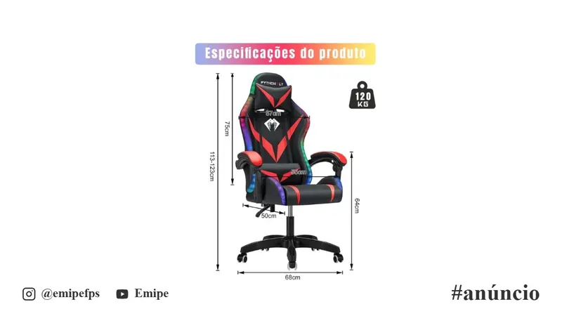 Cadeira Gamer Reclinável RGB LED com Controle, Ergonômica, Giratória, Suporta 150kg, Estofado PU em promoção na Shopee
