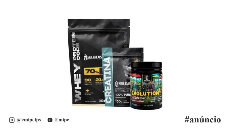 Kit Whey Core 70% de Proteína Concentrada 900g + Pré-Treino Evolution 300g + Creatina 150g Soldiers Nutrition em promoção na Shopee