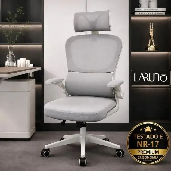 Cadeira de Escritório Ergonômica Cinza Giratória com Apoio Lombar e Braços Ajustáveis - Laruno em promoção na Shopee