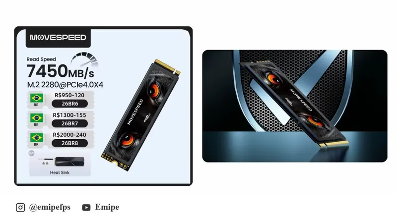 NVMe 2TB PCIe 4.0 MoveSpeed 7450 MB/s SSD NVMe M.2 2280 4 em promoção na AliExpress
