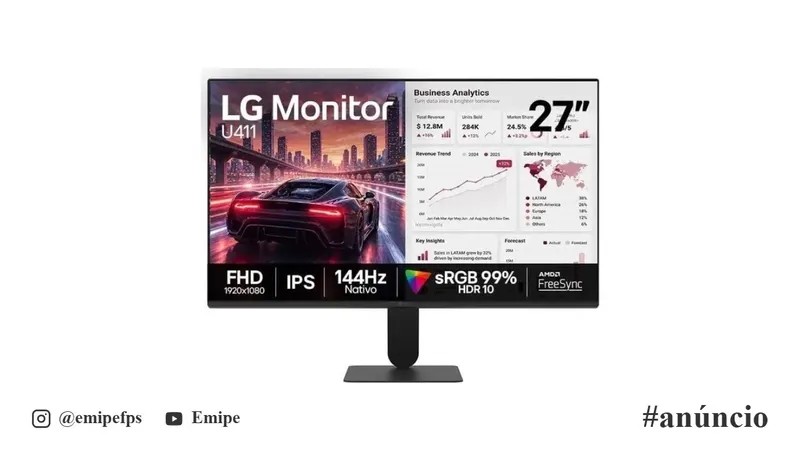 Monitor LG FHD Gamer & Office 27", IPS, 1ms (MBR), 144Hz Nativo, FreeSync, HDR10, sRGB, Modo Leitura, Flicker Safe, HDMI, Black Stabilizer, Dynamic Action Sync, Preto, 27U411B em promoção na Mercado Livre