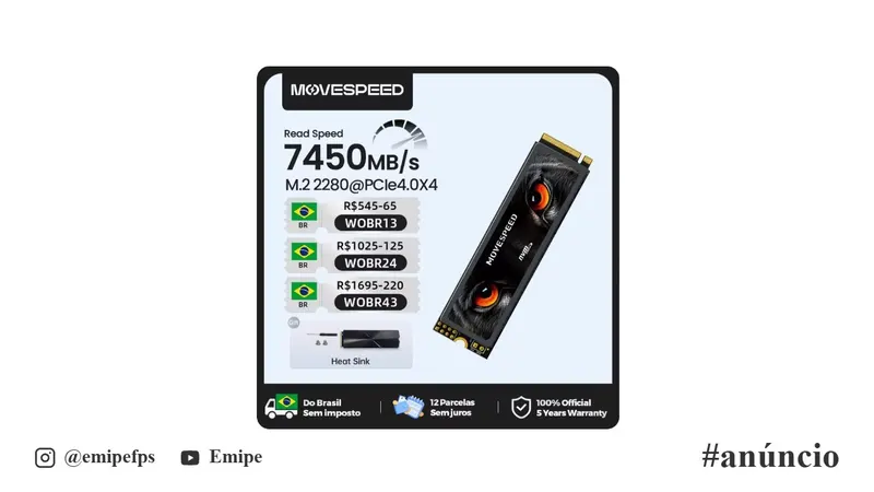 NVMe 2TB PCIe 4.0 Movespeed 7450 MB/s SSD NVMe M.2 2280 em promoção na AliExpress