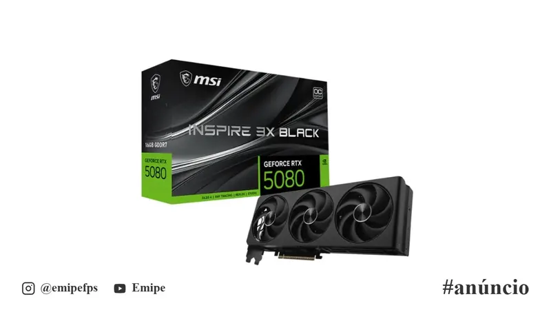Placa de Vídeo MSI GeForce RTX 5080 Inspire 3X Black OC, 16GB GDDR7, PCIe 5.0, DLSS4, Ray Tracing, 912-V531-686 em promoção na Shopee
