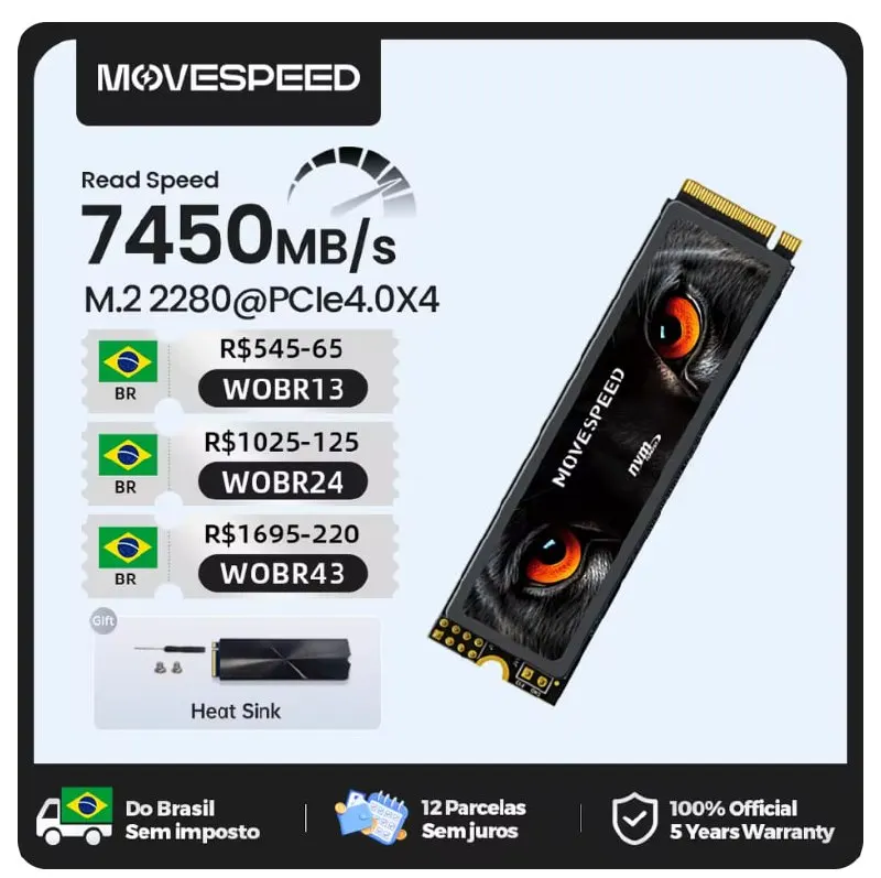 NVMe 2TB PCIe 4.0 Movespeed 7450 MB/s SSD NVMe M.2 2280 em promoção na AliExpress
