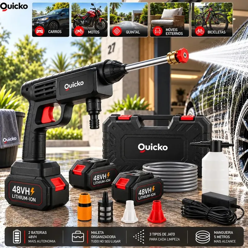 Lavadora de Alta Pressão Portátil sem Fio, Bateria Recarregável, para Carro, Moto e Quintal, com 2 Baterias, Bico, Mangueira e Dispenser de Sabão Quicko em promoção na Mercado Livre